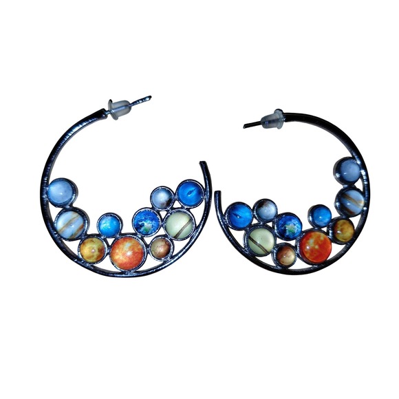 Unbranded Jewelry - Solar System Planet Hoop Earrings Celestial Space Galaxy Jewelry Gunmetal Tone